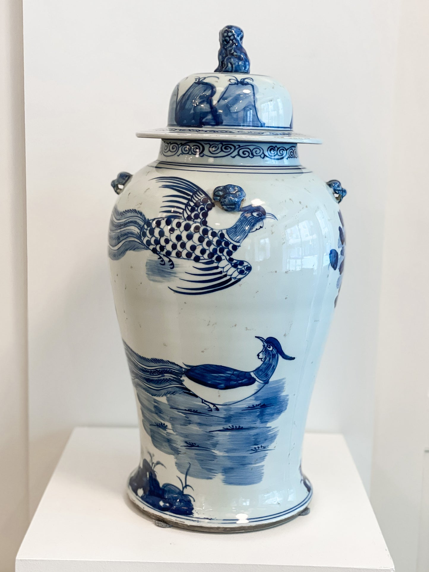 Vintage Blue & White Garden Pheasant Lidded Jar