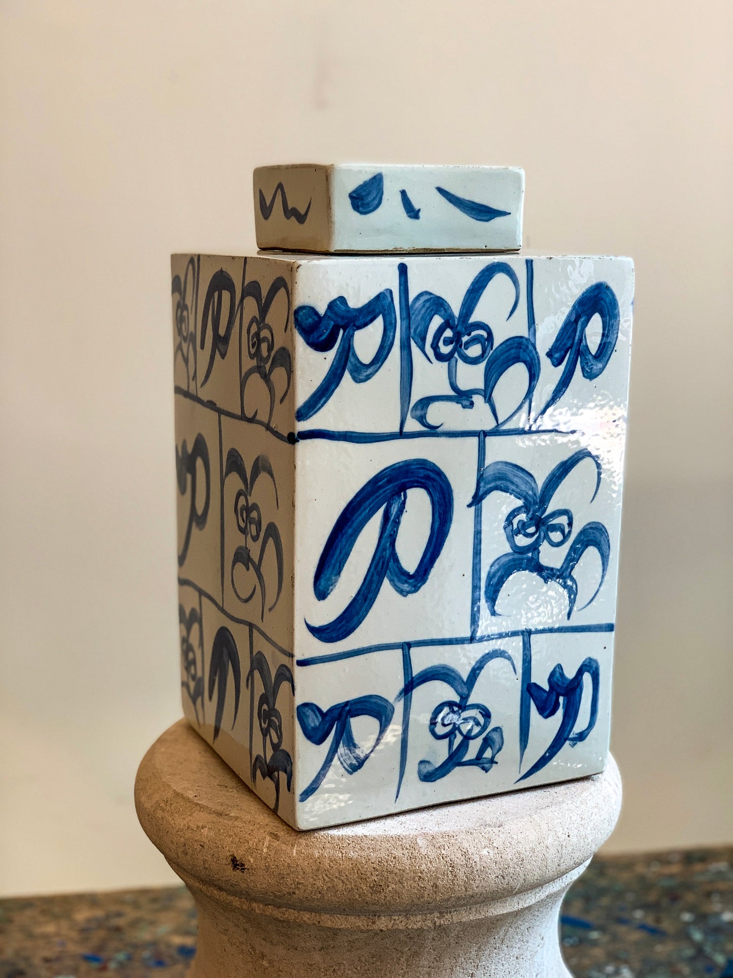 Modern Square Blue & White Lidded Jar