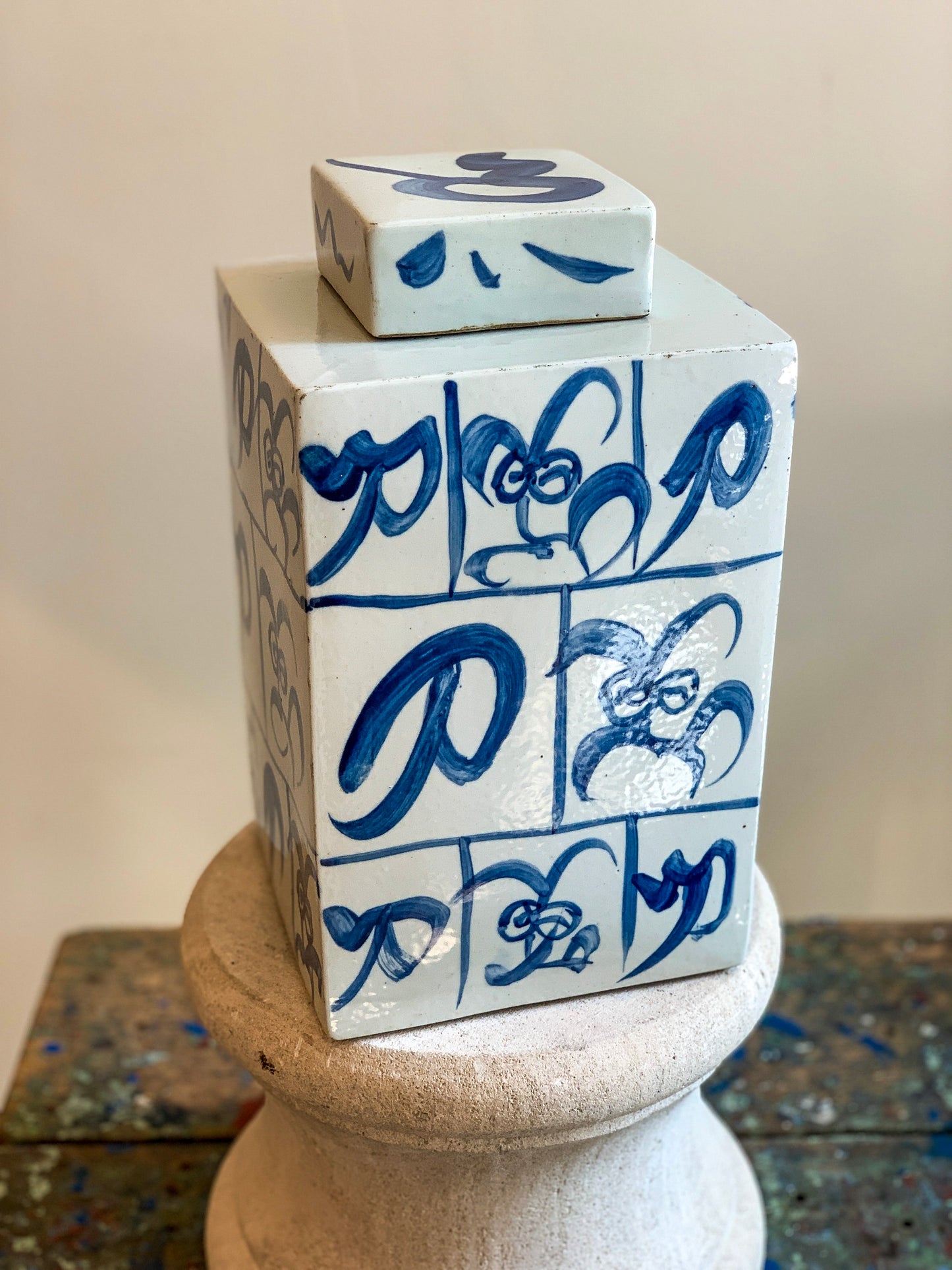 Modern Square Blue & White Lidded Jar