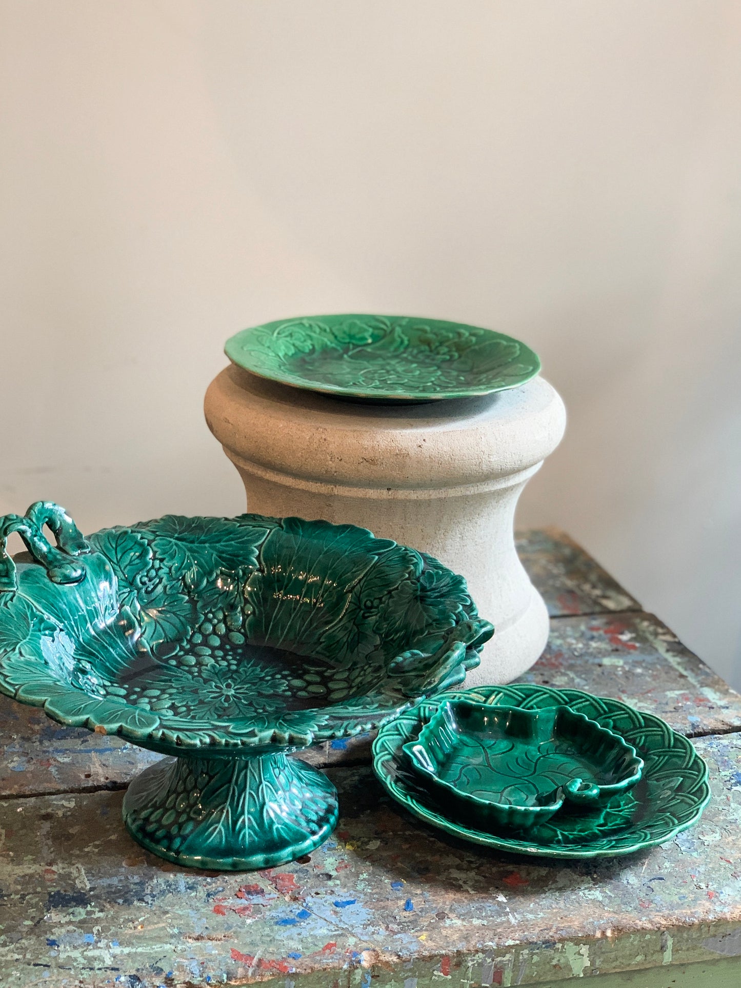 Vintage Green Majolica Footed Bowl