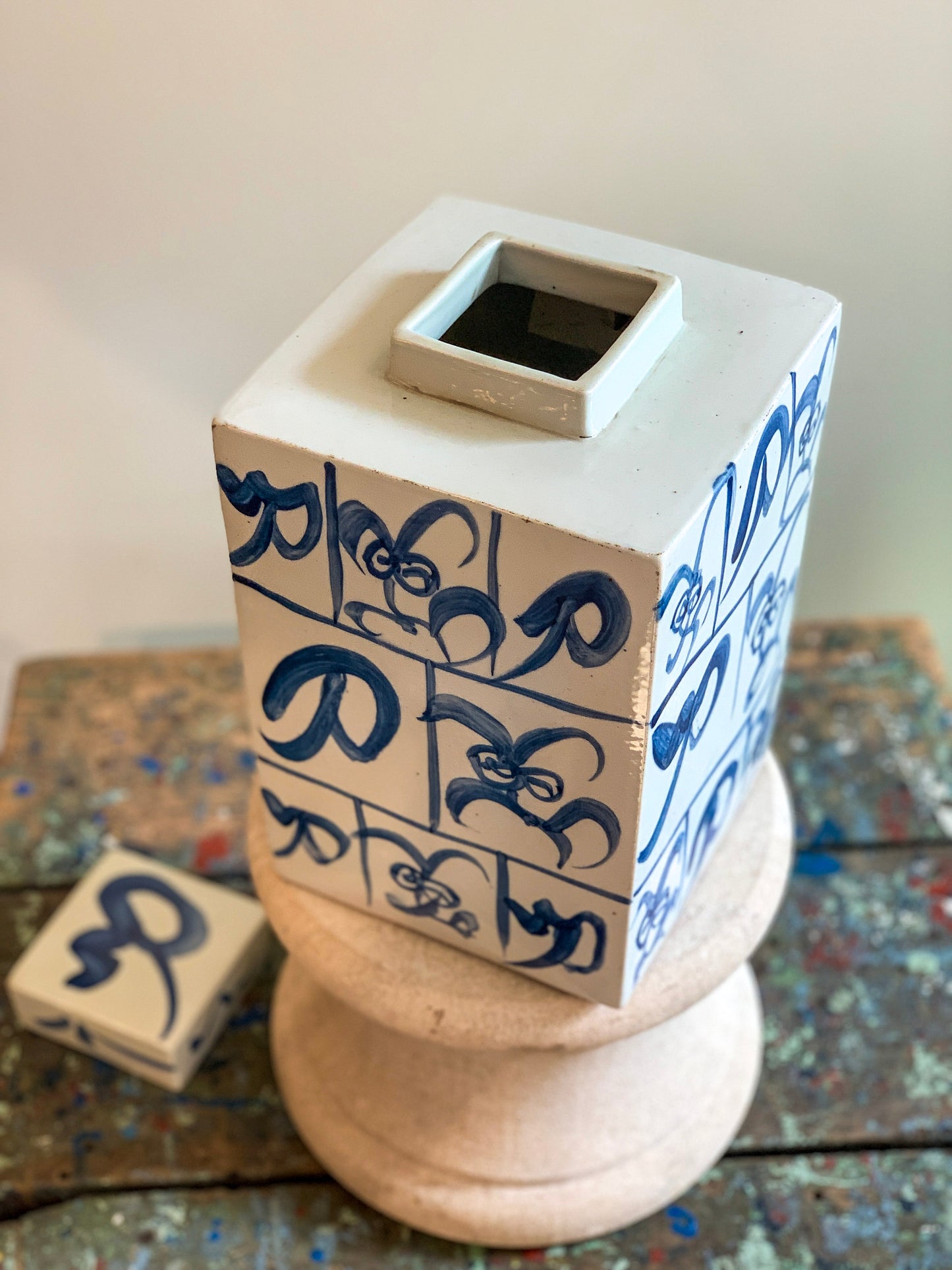 Modern Square Blue & White Lidded Jar