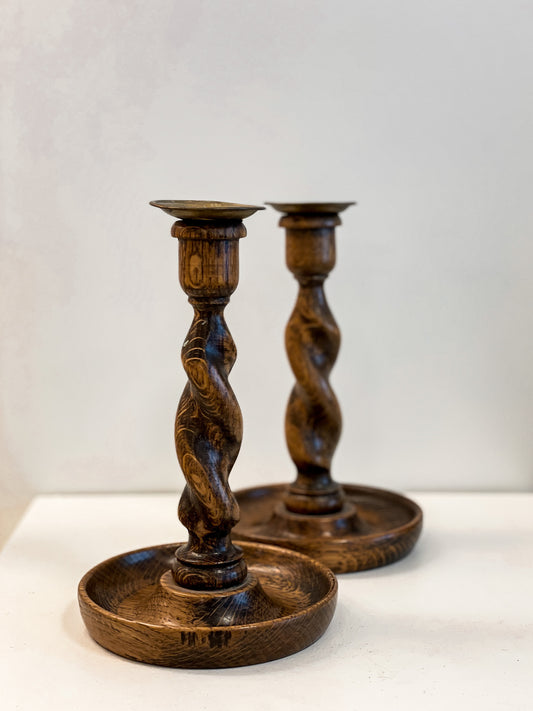 Antique Oak Barley Twist Candlesticks (pair)