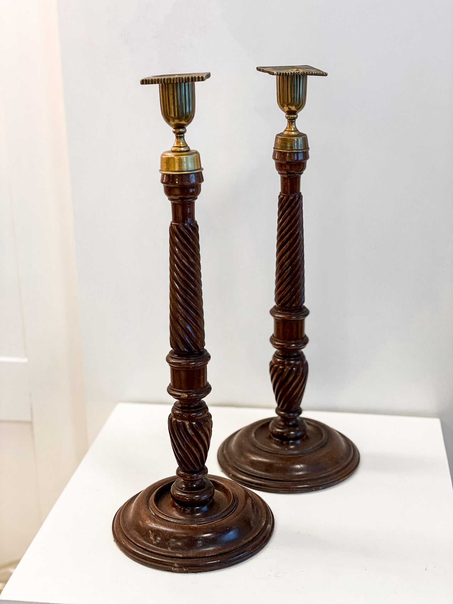 Antique Oak & Brass Candlesticks (Pair)