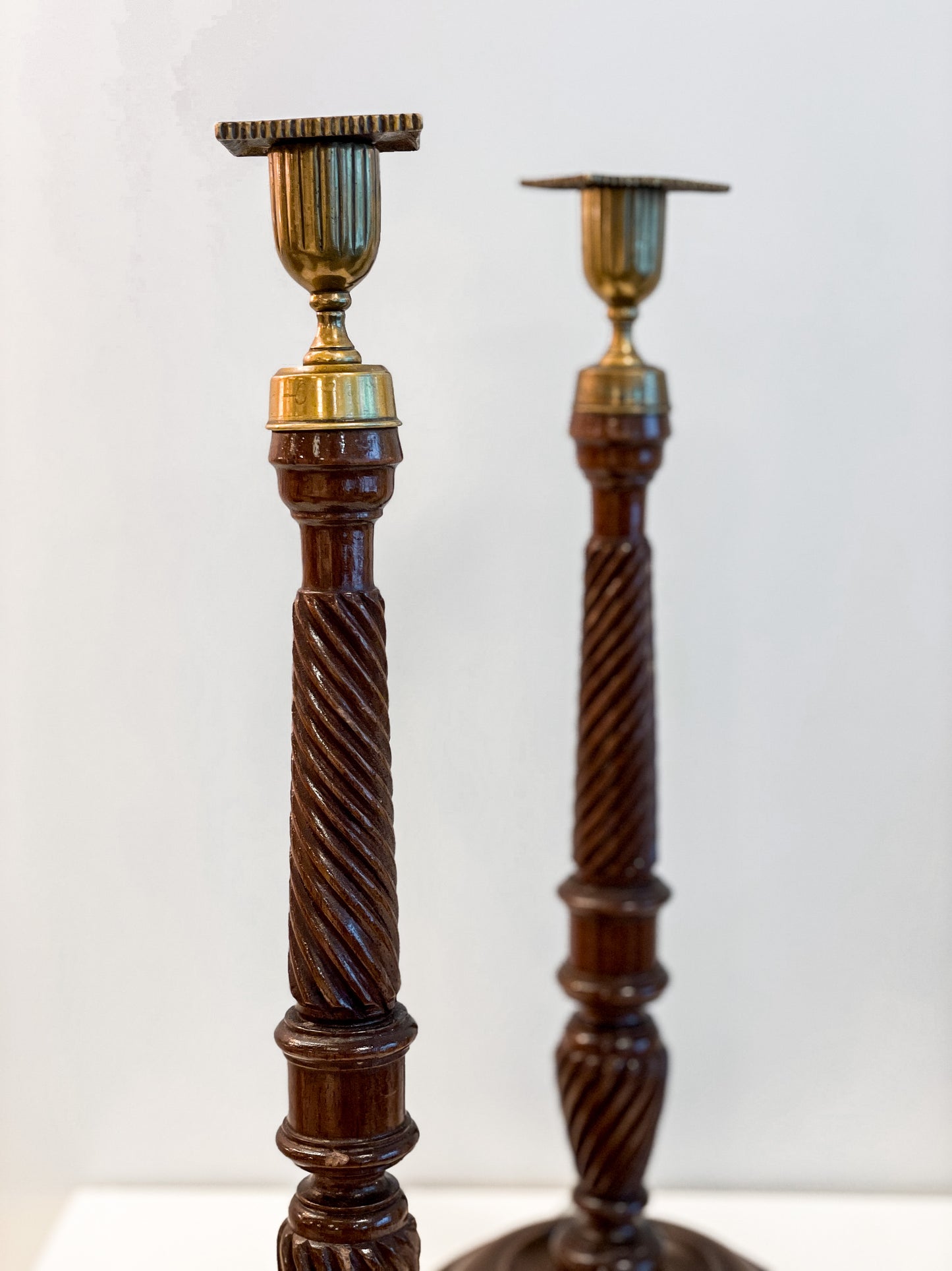 Antique Oak & Brass Candlesticks (Pair)