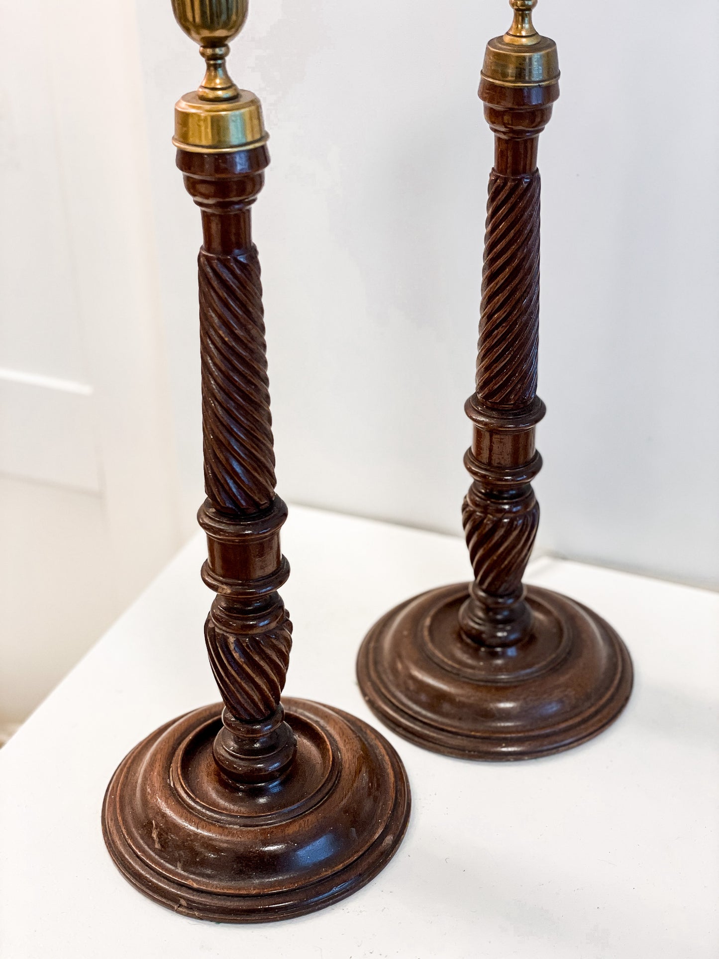 Antique Oak & Brass Candlesticks (Pair)