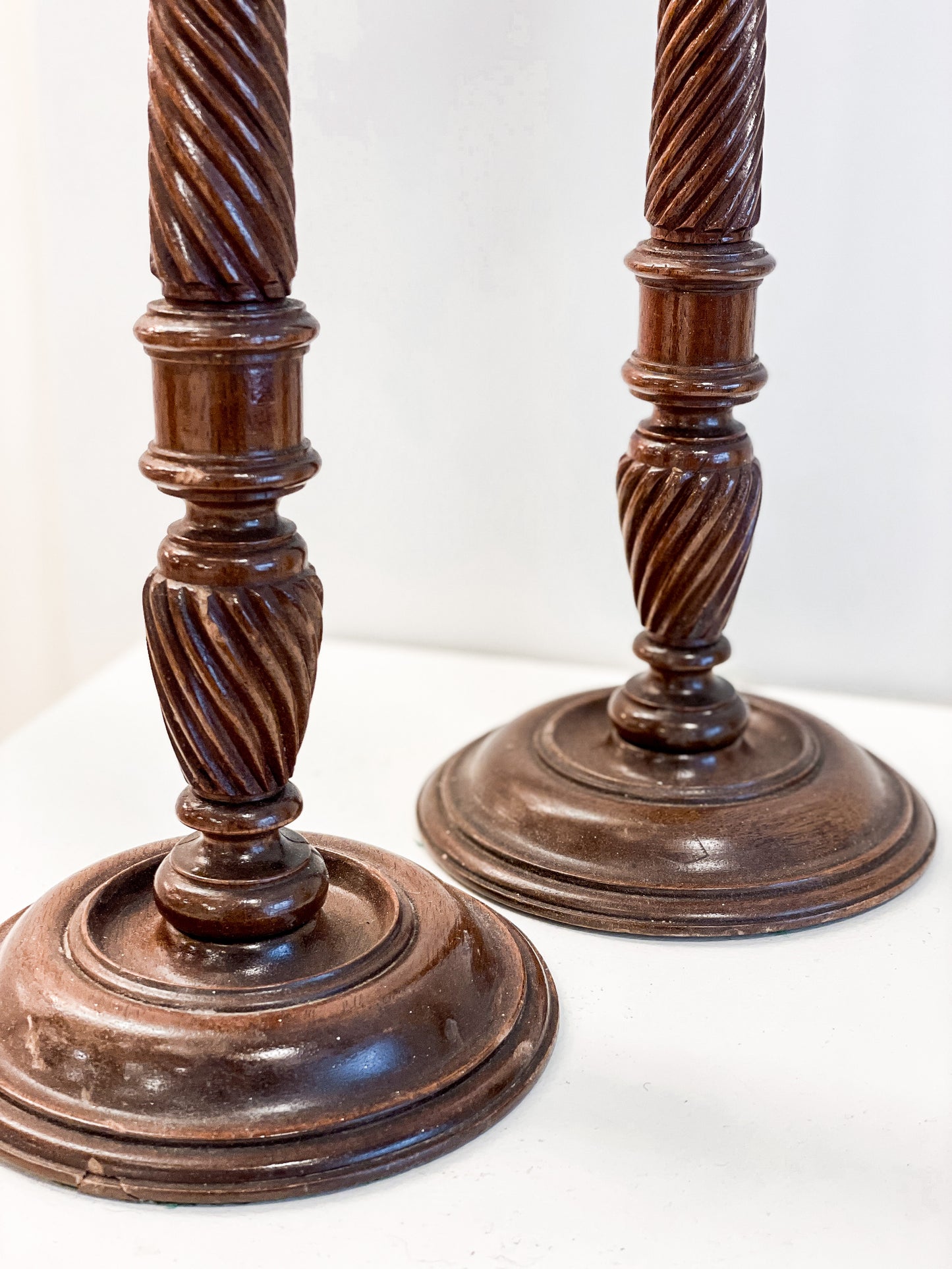 Antique Oak & Brass Candlesticks (Pair)